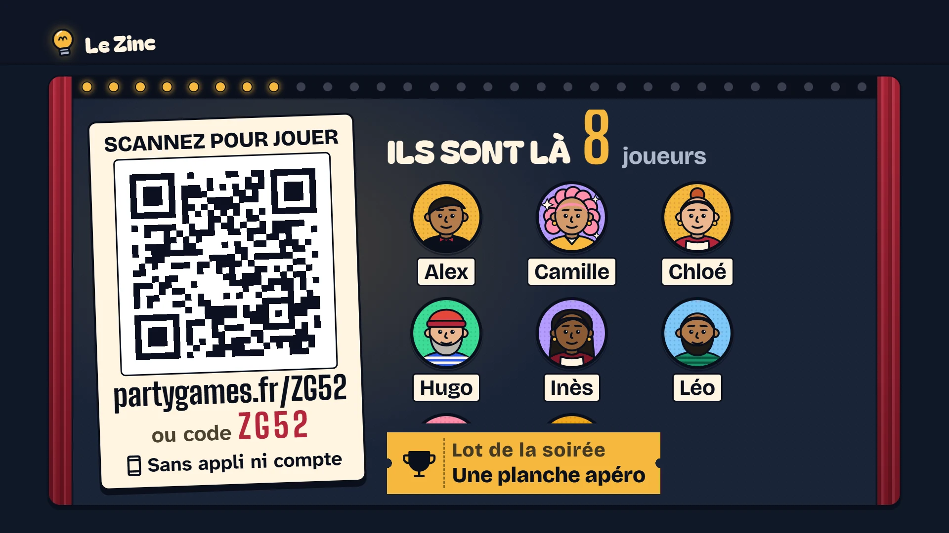 Écran d'accueil : QR code, joueurs arrivés et lot de la soirée