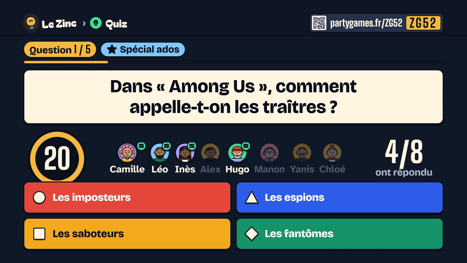 Question de quiz avec quatre réponses colorées